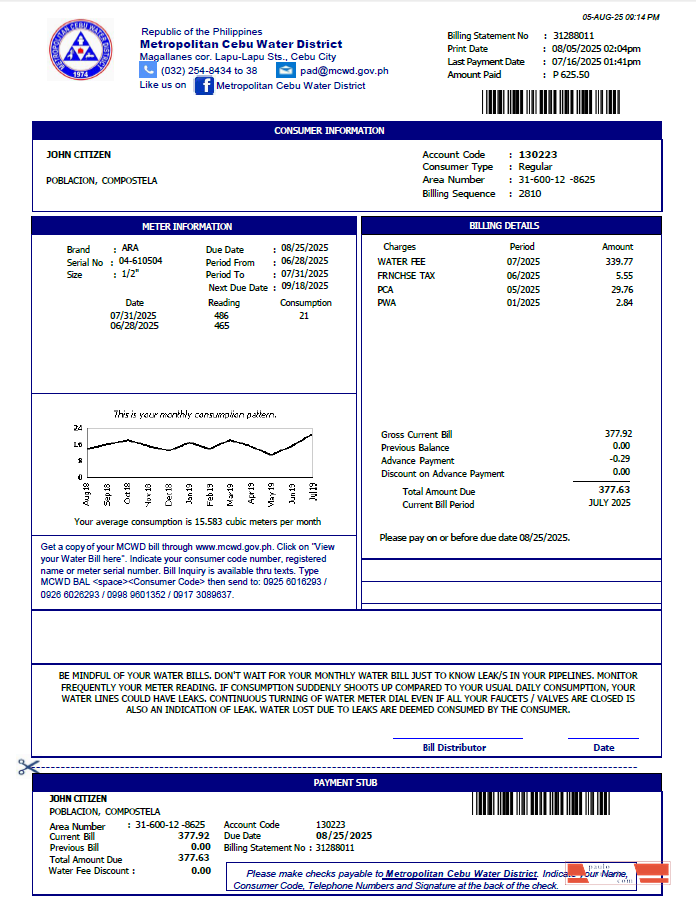 Philippines Metropolitan Cebu Water District utility bill template in Word and PDF formats